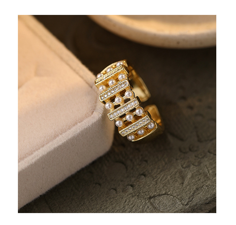 Geometric Pearl Ring – Korean Gold Zircon Grid Ring