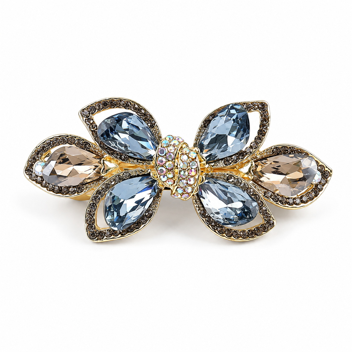 Gray Blue A268 bow barrette with four blue-gray faceted stones and two smoky champagne end stones. AI-assisted supplier photo edit.