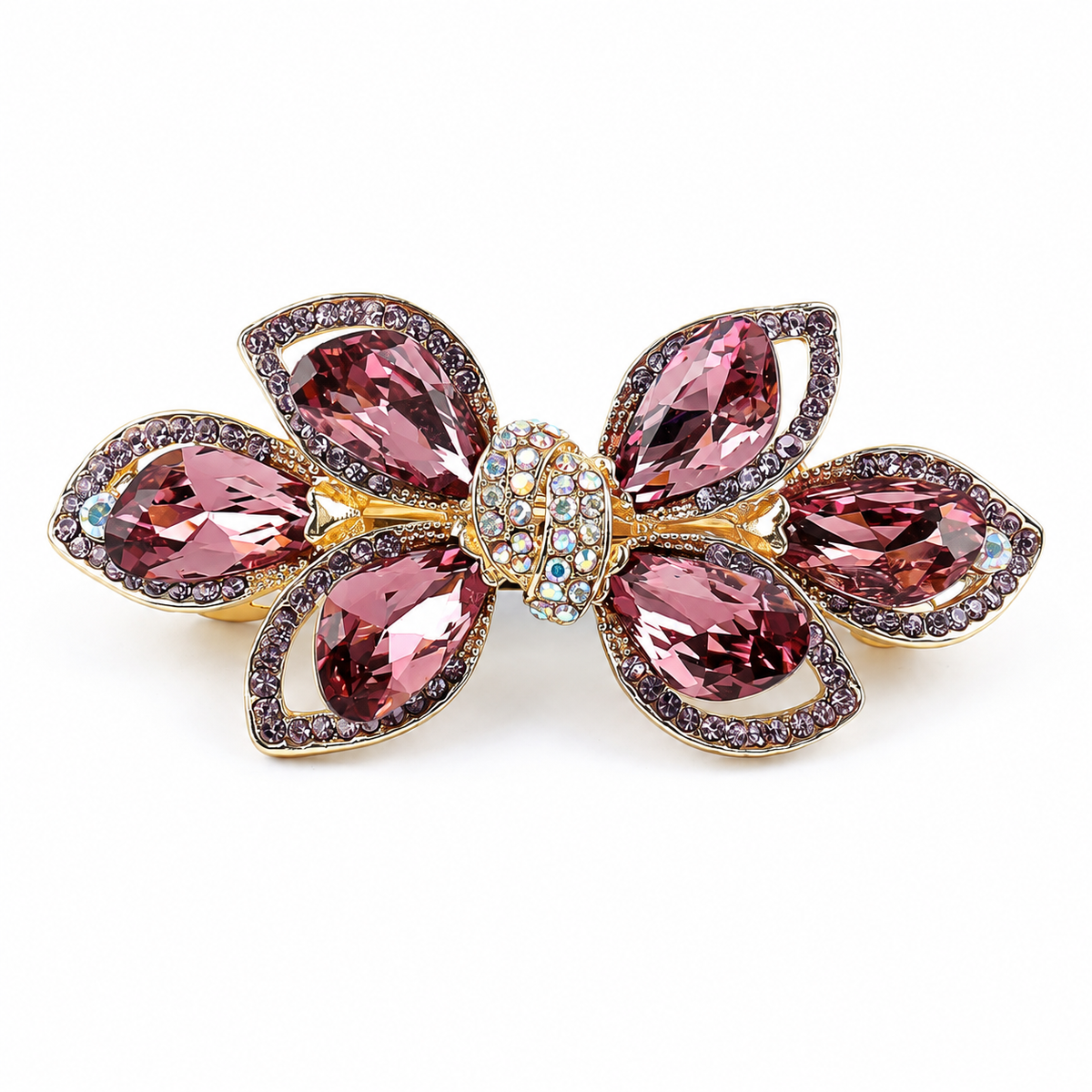 Purple A268 bow barrette with six mauve-purple faceted stones and an iridescent rhinestone center. AI-assisted supplier photo edit.