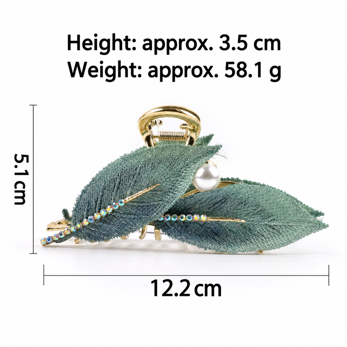 Double green leaf claw: approximately 12.2 by 5.1 cm, 3.5 cm high and 58.1 g. AI-assisted English edit of supplier dimensions.