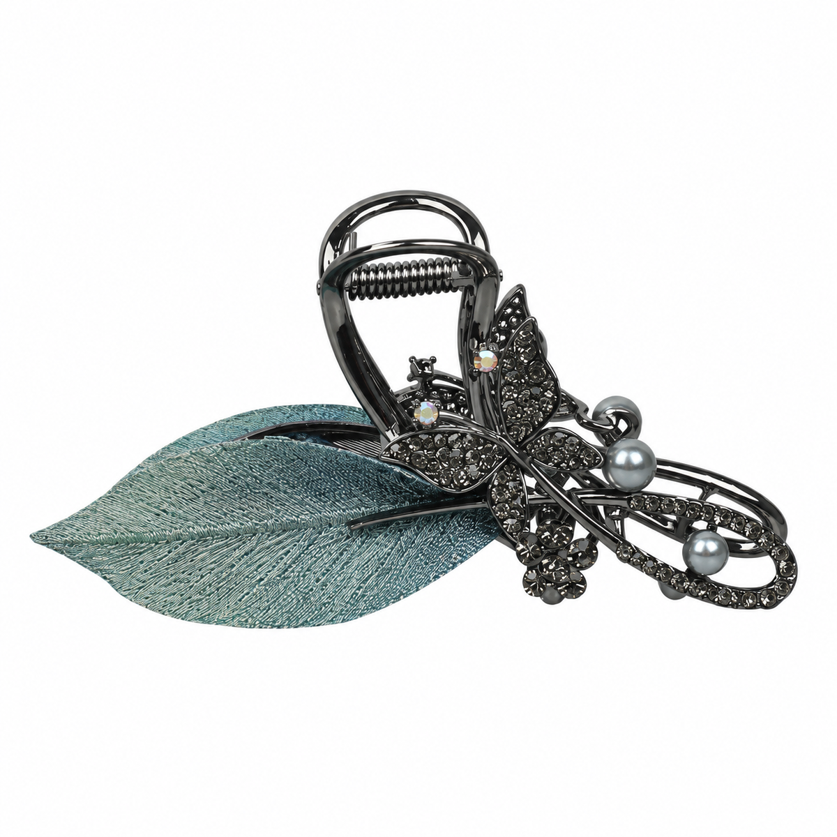 Teal-gray embroidered single-leaf hair claw with gunmetal-tone hardware, rhinestones and imitation pearl accents. AI-assisted supplier photo edit.