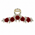 Classic A382 hair claw with five red rose decorations and rhinestone leaves on a gold-tone frame. AI-assisted supplier photo edit.