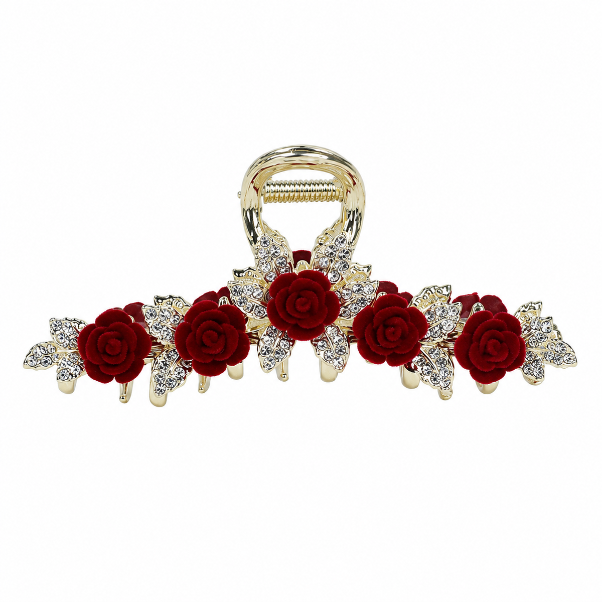 Classic A382 hair claw with five red rose decorations and rhinestone leaves on a gold-tone frame. AI-assisted supplier photo edit.