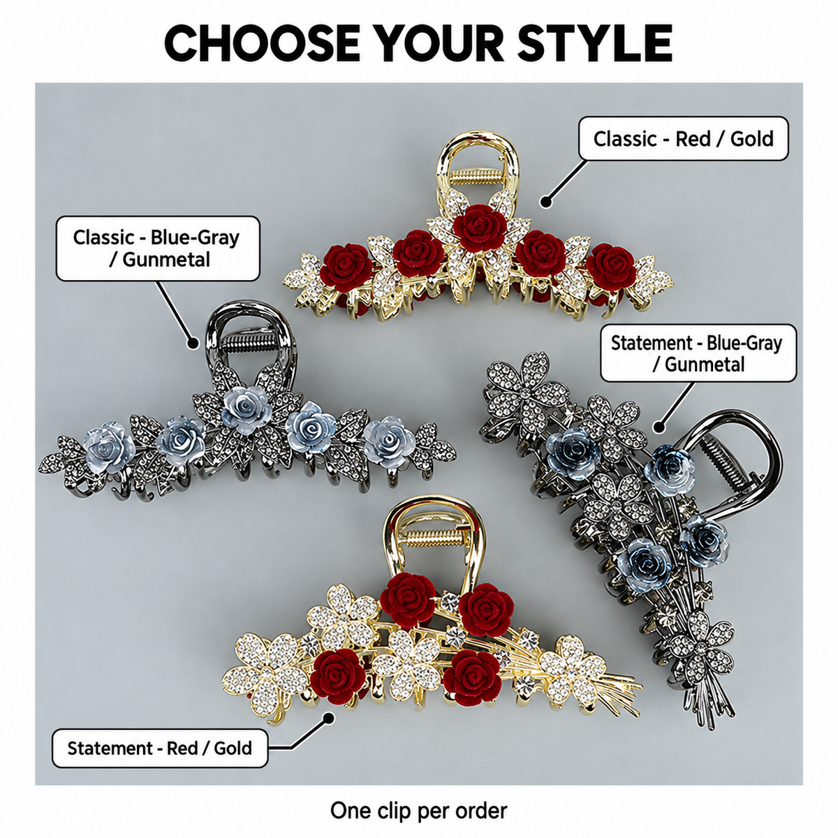 Four A382 hair claw styles: Classic and Statement designs in Red / Gold or Blue-Gray / Gunmetal. One clip per order. AI-assisted supplier photo edit.