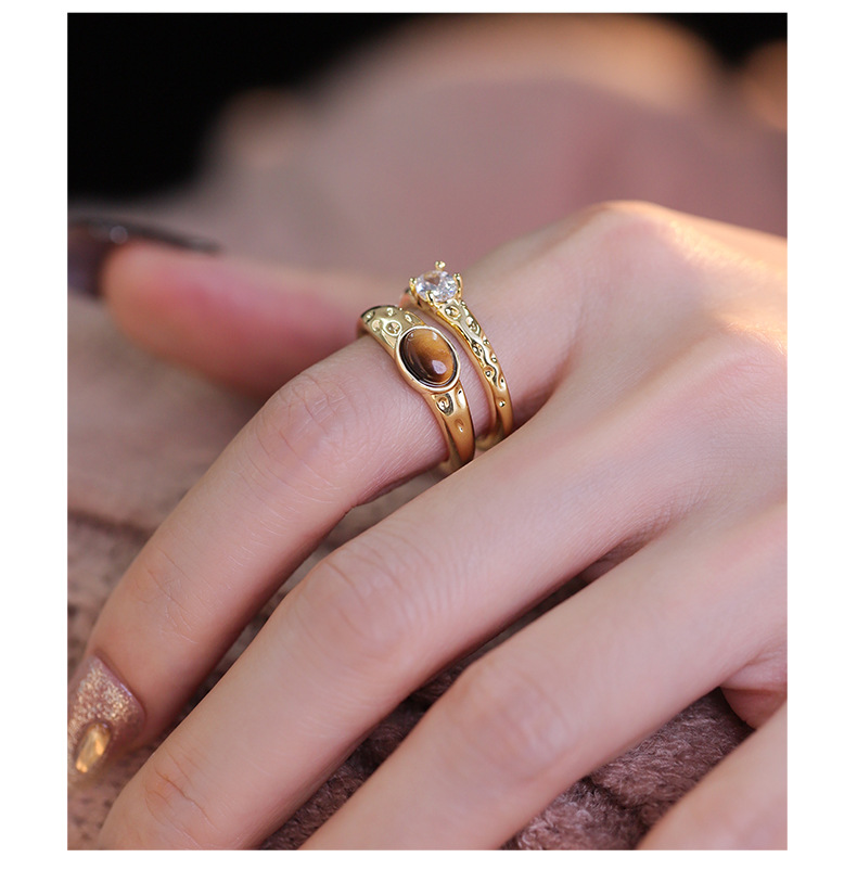 Tiger's Eye Double Wrap Ring – Hammered Gold Bypass Ring with Zircon