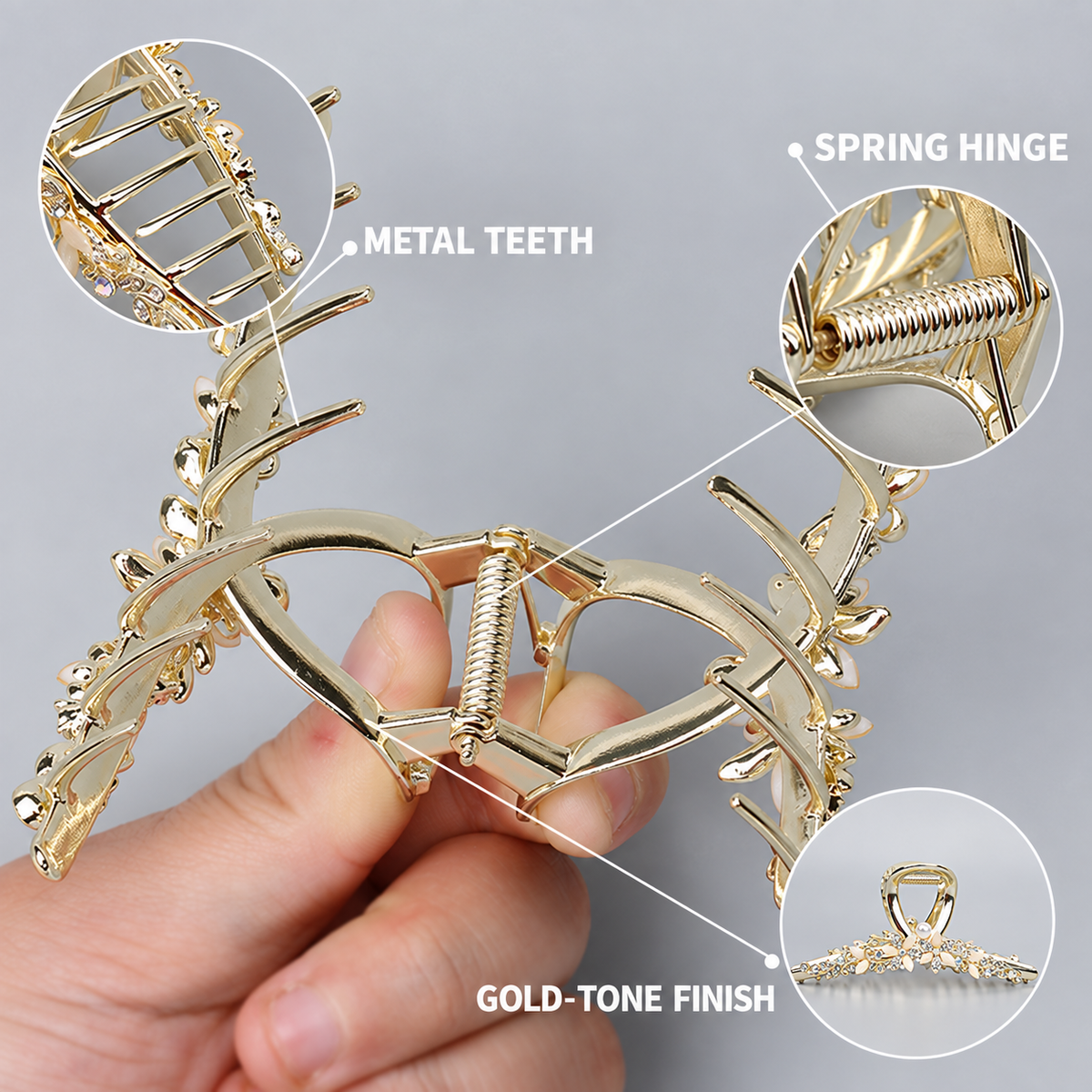 Open A50 hair claw showing metal teeth, spring hinge and gold-tone finish. AI-assisted English edit of supplier photos.