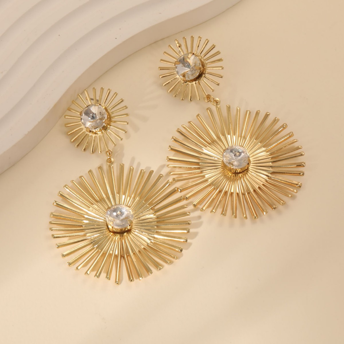 Gold Sunburst Statement Earrings – Geometric Crystal Drop Dangle Earrings