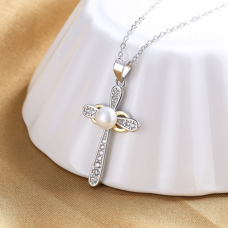 Pearl Cross Necklace – S925 Silver Freshwater Pearl Pendant with Chain