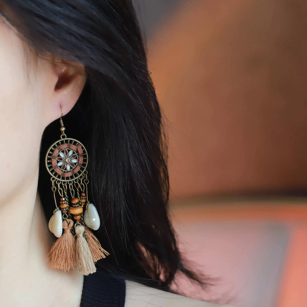 Bohemian Gold Medallion Tassel Earrings – Feather Charm Drop Earrings