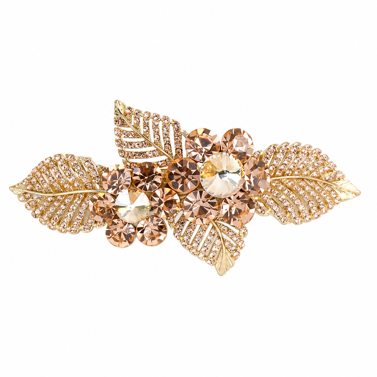 Champagne A841 floral leaf barrette with warm pale faceted stones and four gold-tone rhinestone-trimmed leaves. AI-assisted supplier photo edit.