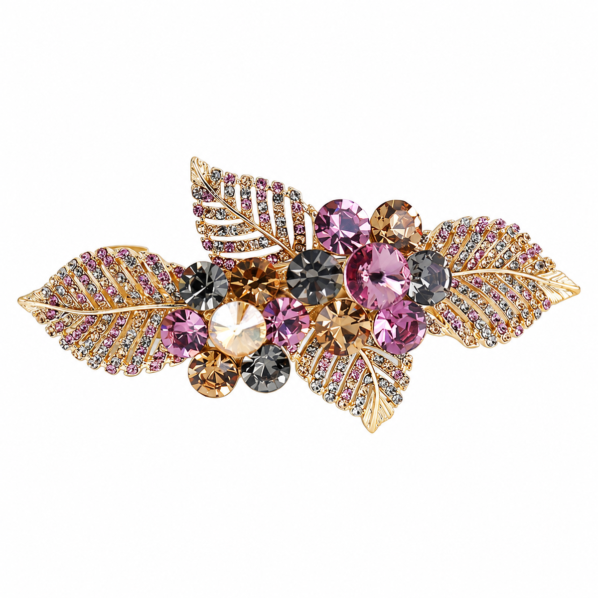 Multicolor A841 floral leaf barrette with mauve, smoky gray and champagne faceted stones. AI-assisted supplier photo edit.