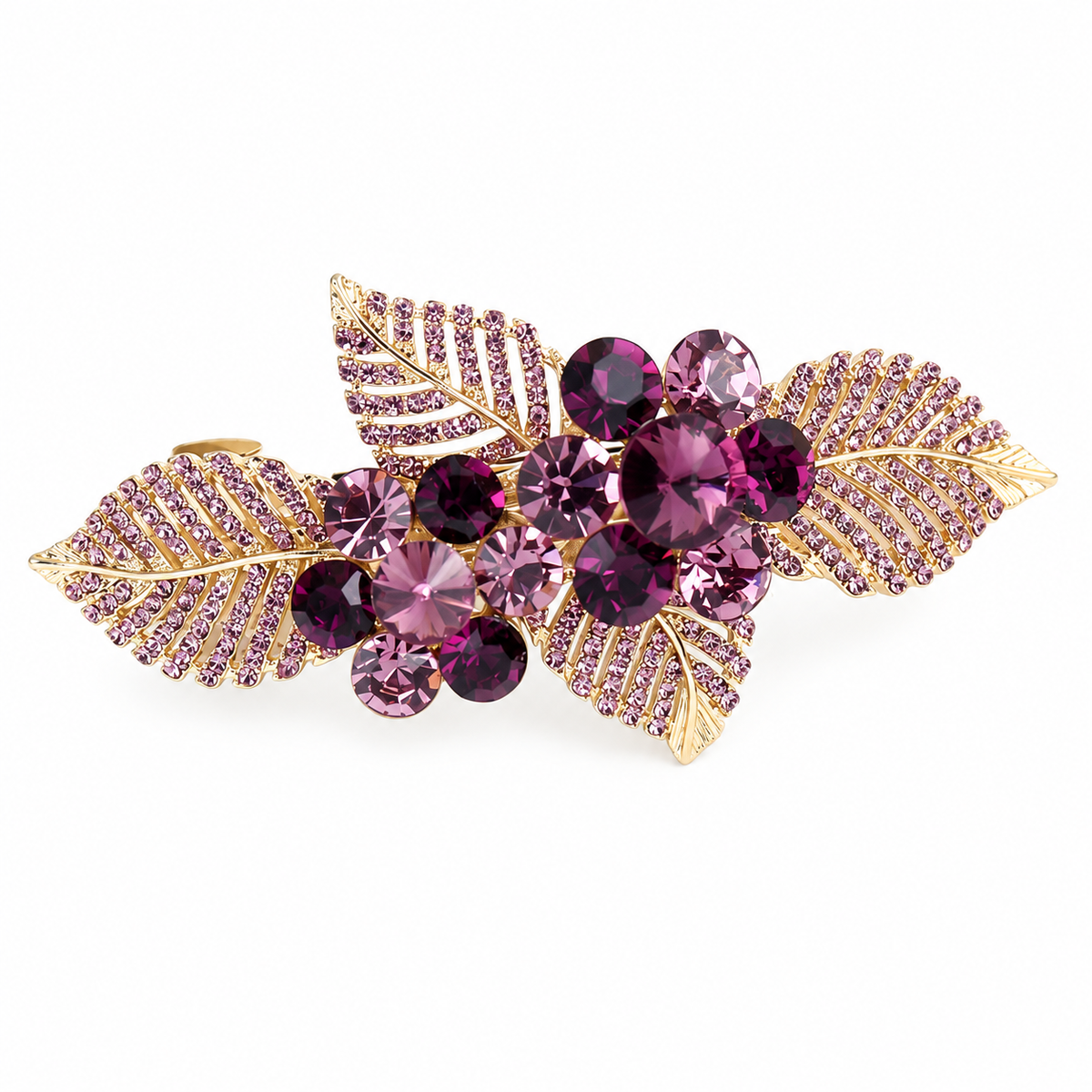 Purple A841 floral leaf barrette with plum and mauve faceted stones, four rhinestone-trimmed leaves and a gold-tone frame. AI-assisted supplier photo edit.