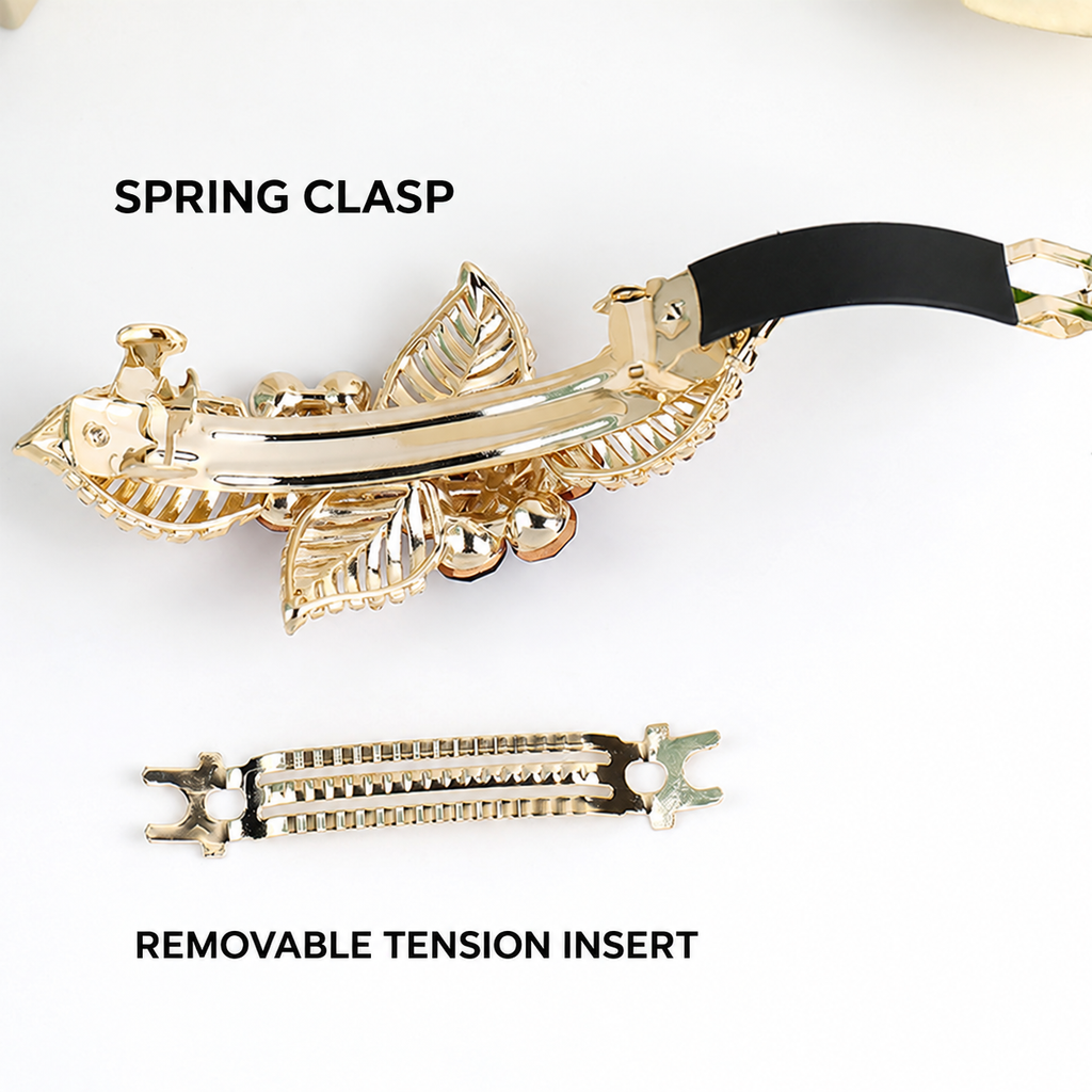 A841 metal spring clasp and removable tension insert shown separately. AI-assisted English edit of a supplier photo.