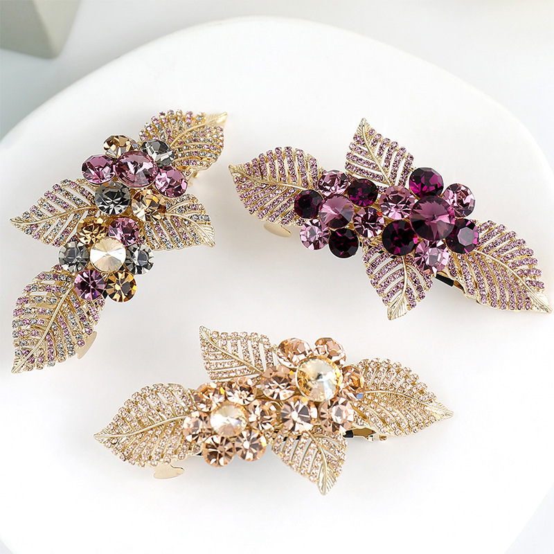 A841 color comparison: Multicolor at left, Purple at upper right, Champagne at bottom. One barrette per order.