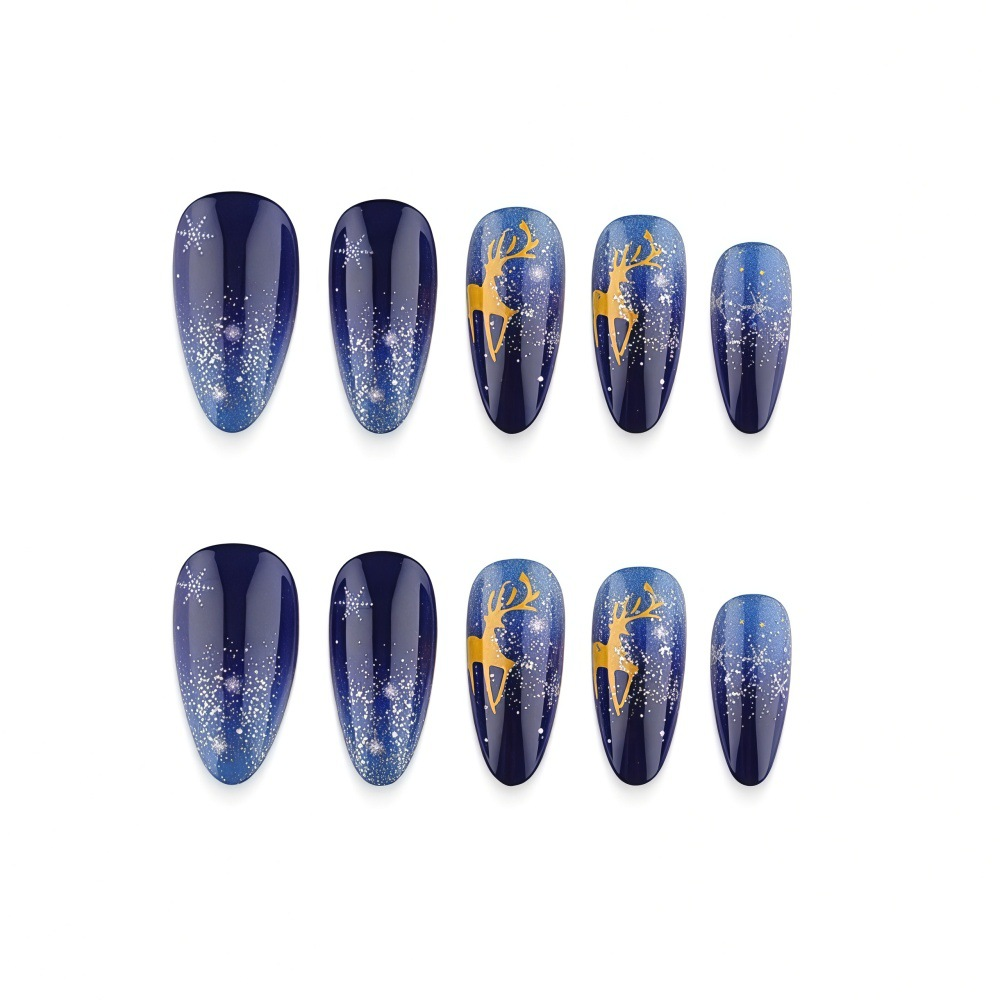 Christmas Reindeer Press-On Nails – Starry Night Blue Gradient Almond Set