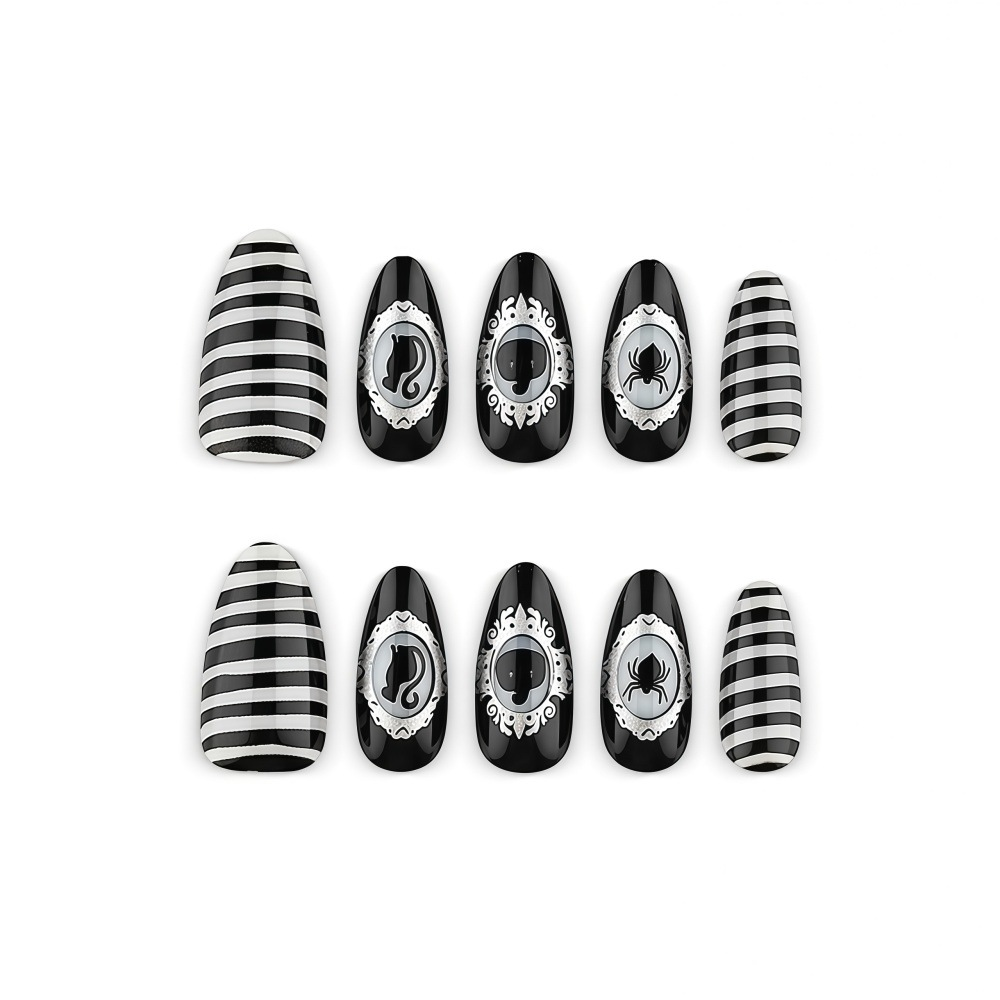 Halloween Gothic Press-On Nails – Black White Striped Cameo Almond Set