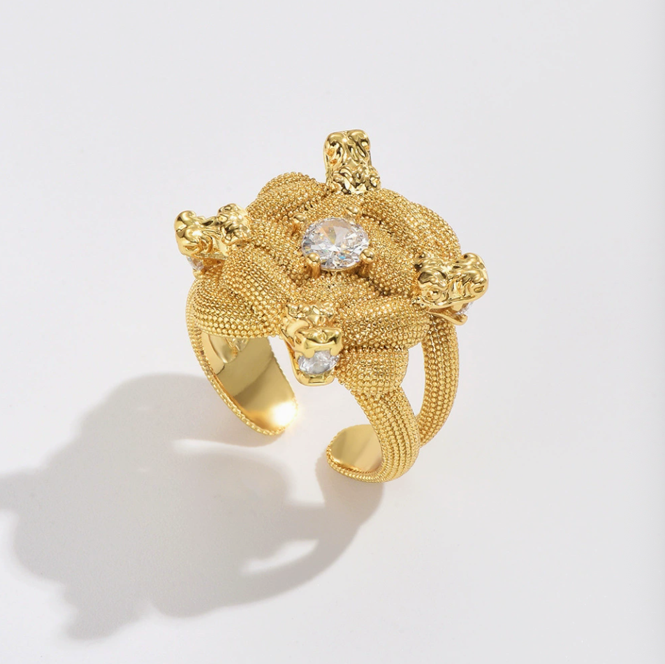 Gold Knot Zircon Ring – Chunky Hip-Hop Textured Statement Ring