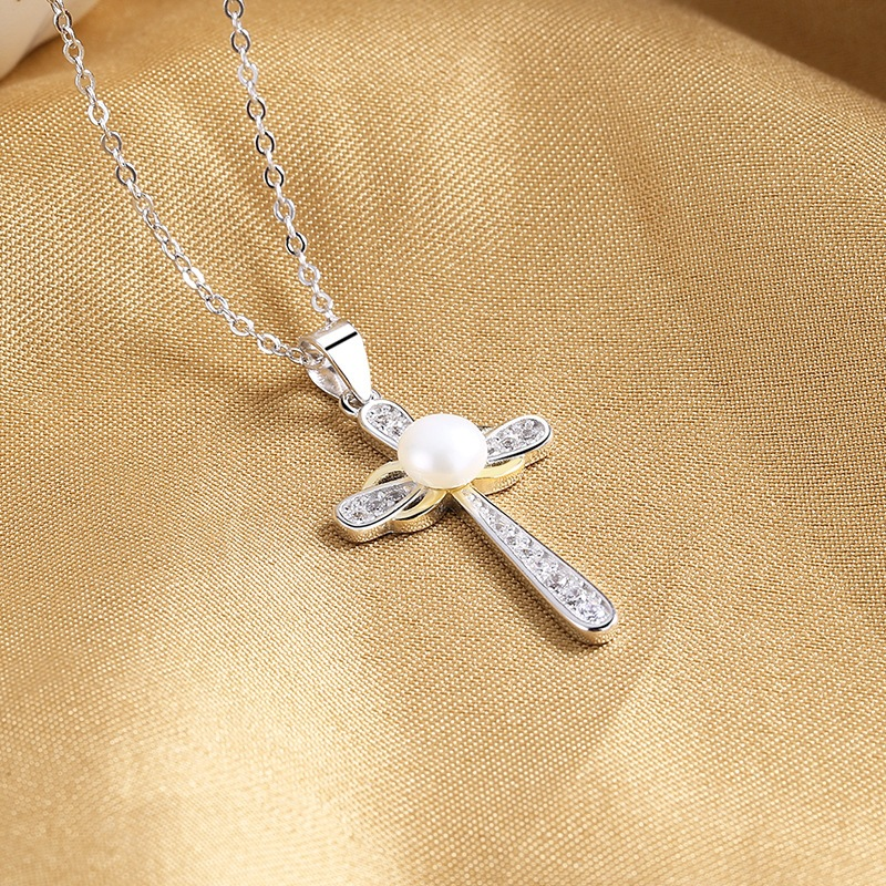 Pearl Cross Necklace – S925 Silver Freshwater Pearl Pendant with Chain
