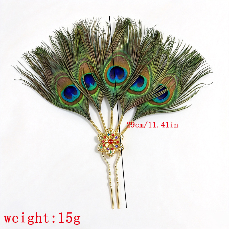 Peacock Feather Hair Pin – Gold Flower Feather Hair Fork