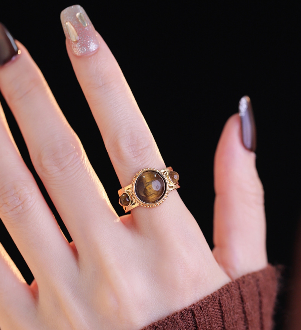 Vintage Tiger's Eye Ring – Chunky Gold Adjustable Statement Ring for Women