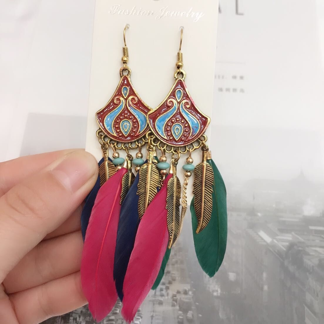 Bohemian Feather Earrings – Gold-Tone Enamel Chandelier Drop Earrings