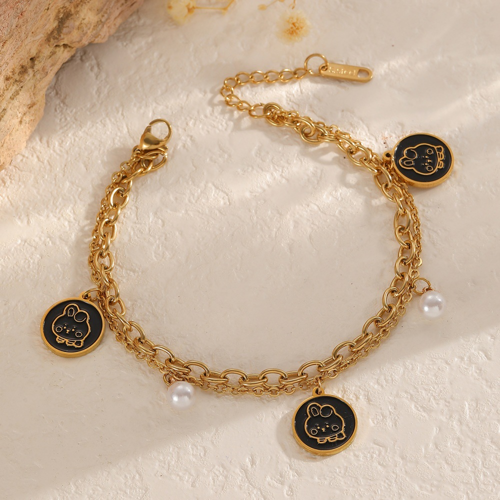 Cartoon Coin Charm Bracelet – Gold Double-Chain with Pearls