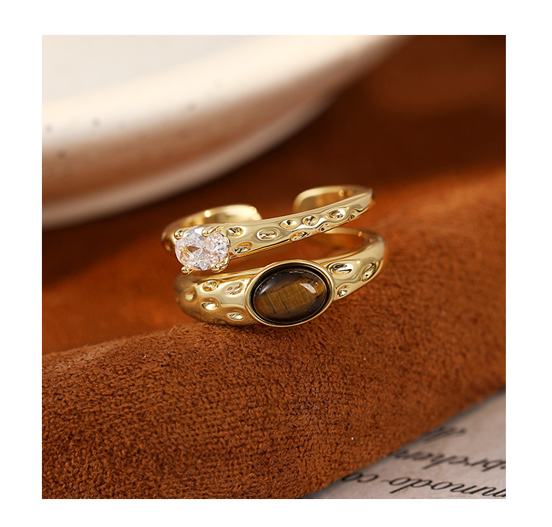 Tiger's Eye Double Wrap Ring – Hammered Gold Bypass Ring with Zircon