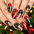 Classic Christmas Press-On Nails – Holly Berry & Gold Foil, 24Pcs Red Green Almond Fake Nails