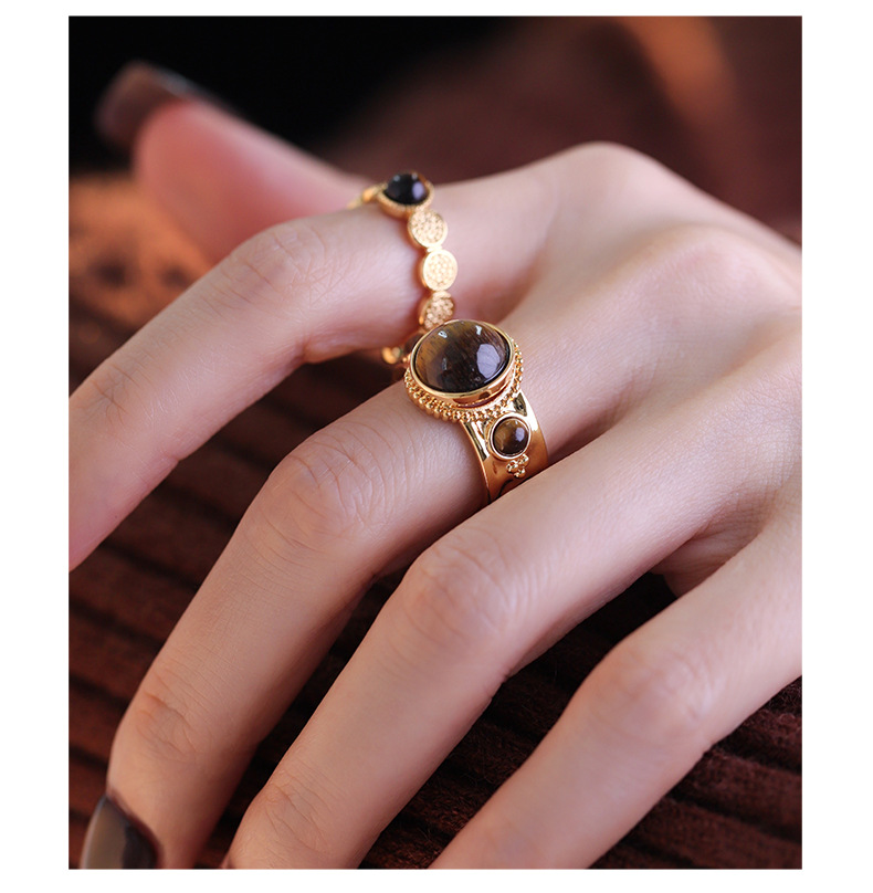 Vintage Tiger's Eye Ring – Chunky Gold Adjustable Statement Ring for Women