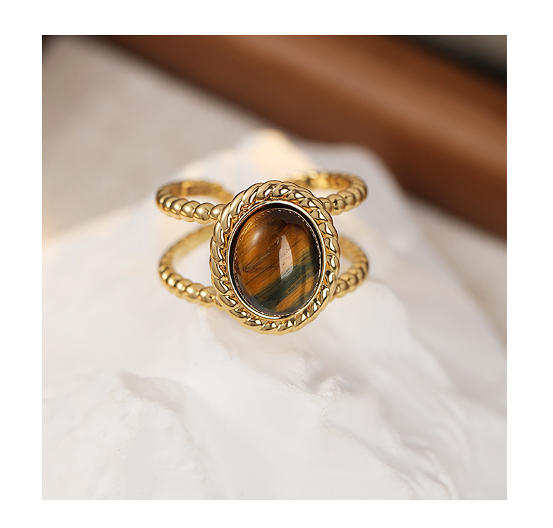 Tiger's Eye Oval Ring – Gold Twisted Rope Adjustable Band Ring for Women