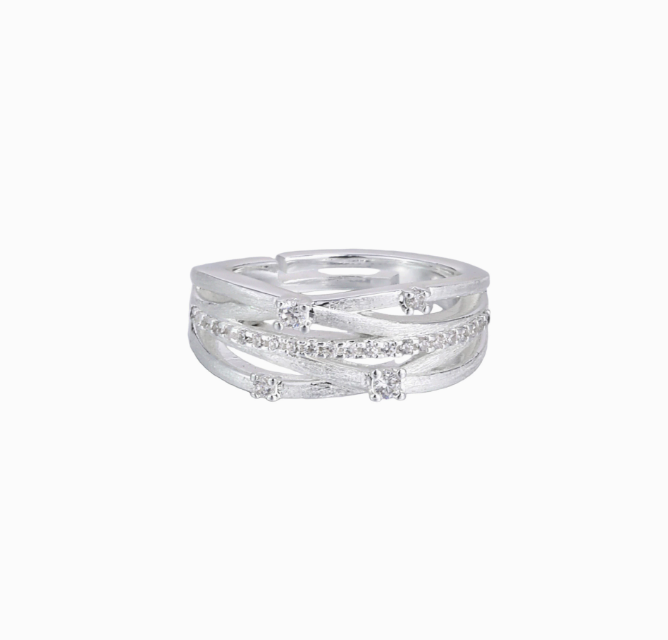 Silver Wide Band Ring – Multi-Layer Crisscross Zircon Ring