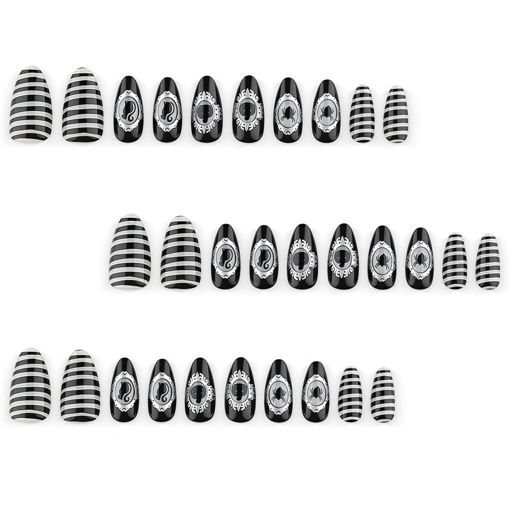 Halloween Gothic Press-On Nails – Black White Striped Cameo Almond Set