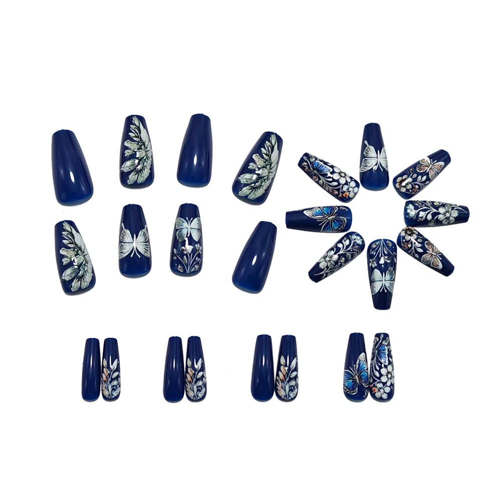 Silver Butterfly Press-On Nails – Blue Floral Mid-Long Coffin Set, 24Pcs Fake Nails