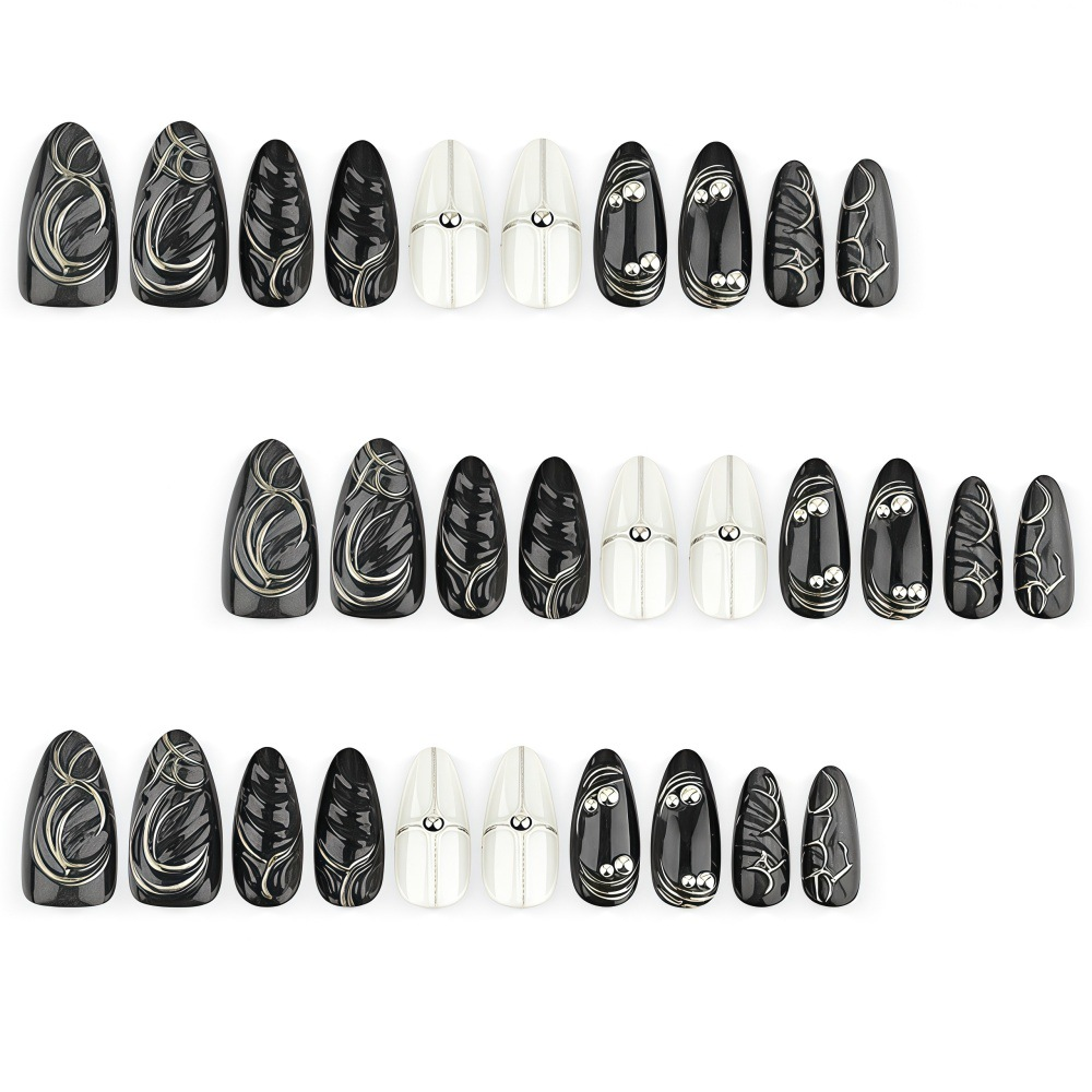 Black Cat-Eye Press-On Nails – 3D Silver Swirl Long Almond Set