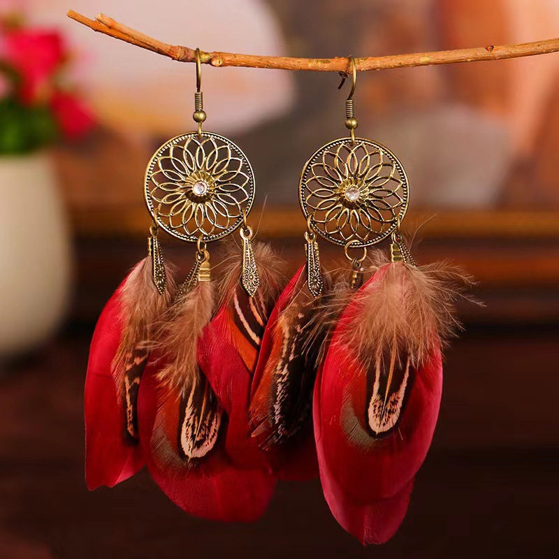 Dreamcatcher Feather Earrings – Boho Medallion Drop Earrings in 7 Colors