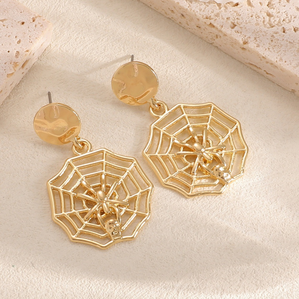 Spiderweb Halloween Earrings – Gold Spider & Skull Dangle Studs
