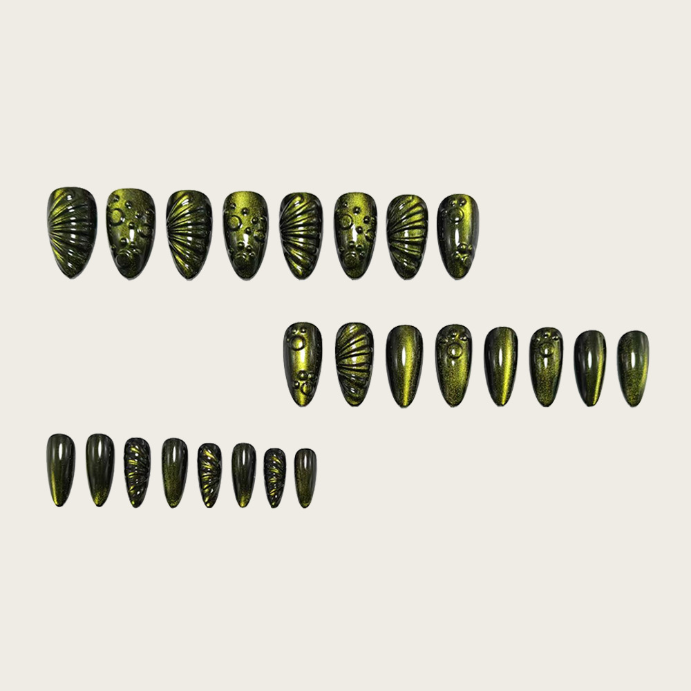 Green Cat-Eye Press-On Nails – 3D Shell Texture Almond Set