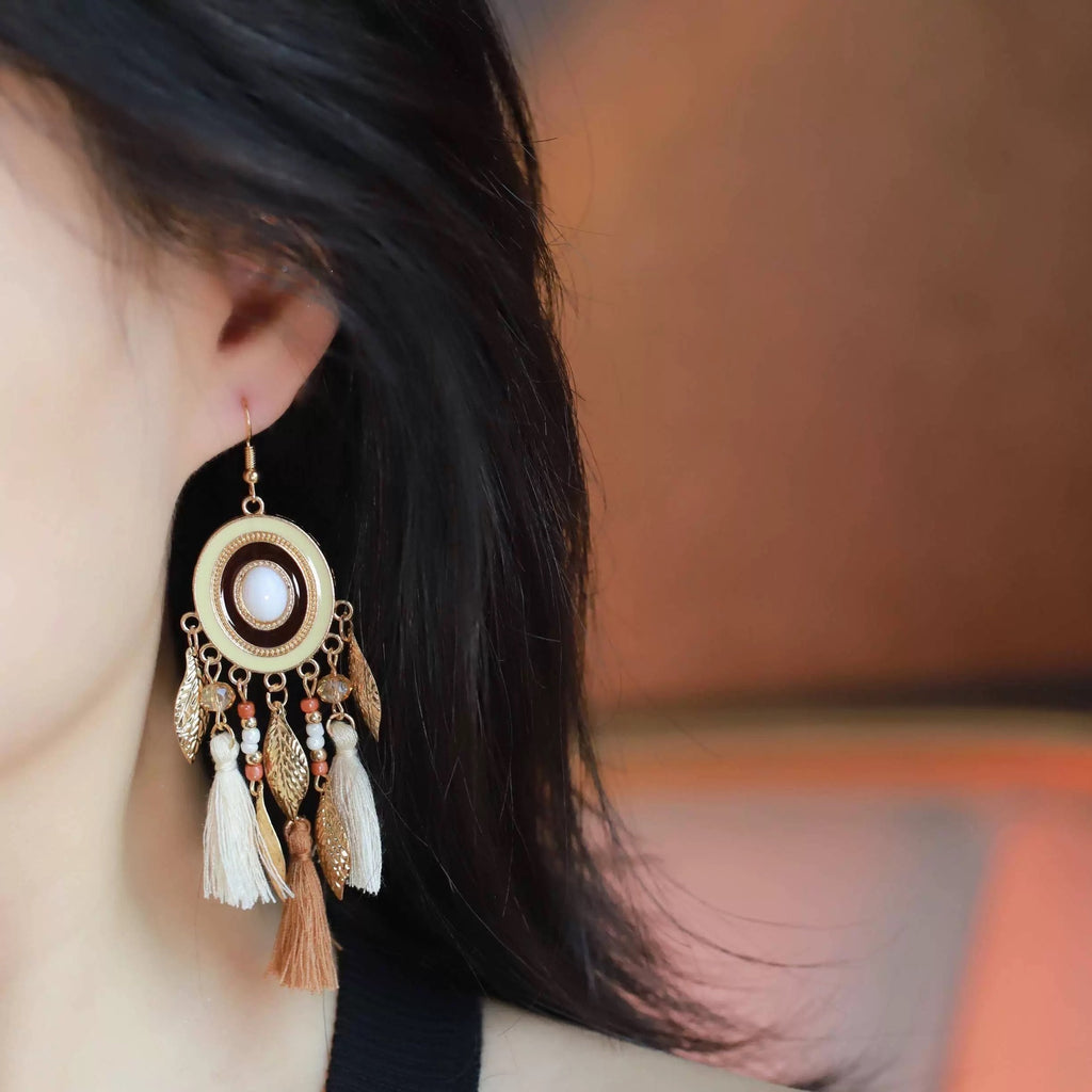 Bohemian Circle Tassel Earrings – Gold Leaf & Enamel Drop Earrings