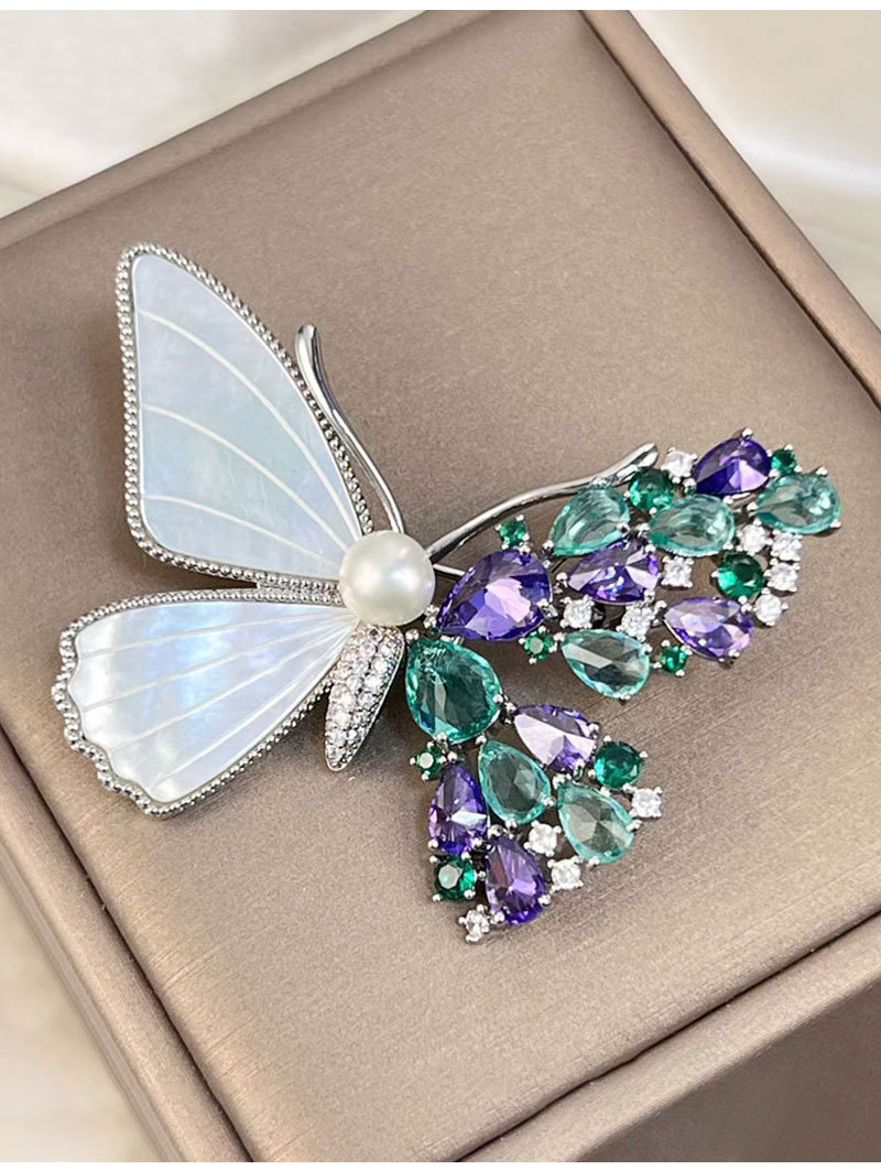 Butterfly Brooch Pin with Mother of Pearl & Crystals – Enamel Butterfly Pin, Silver Peacock / Coffee Gold
