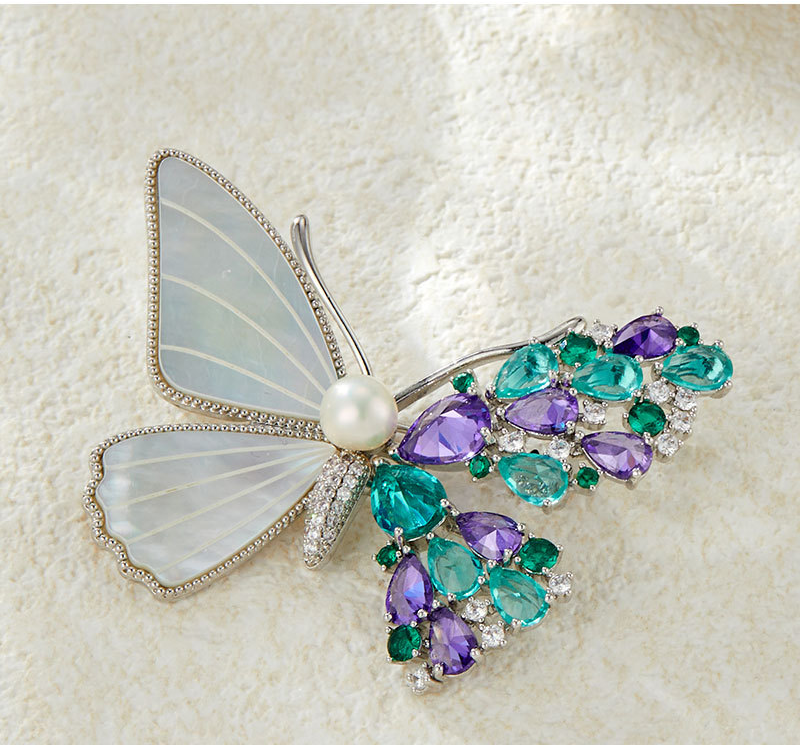 Butterfly Brooch Pin with Mother of Pearl & Crystals – Enamel Butterfly Pin, Silver Peacock / Coffee Gold
