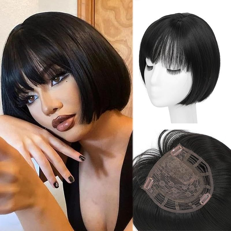 BF361 8-inch synthetic clip-in bob hair topper with bangs, Black. Supplier styling reference, mannequin view and underside with three clips. One topper per order.