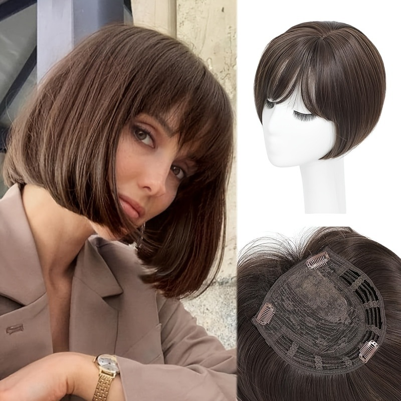BF361 8-inch synthetic clip-in bob hair topper with bangs, Dark Brown. Supplier styling reference, mannequin view and underside with three clips. One topper per order.