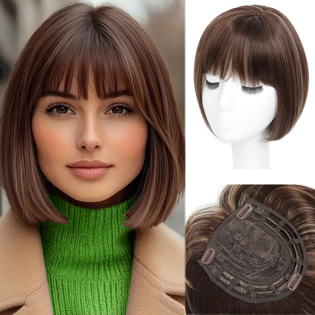 BF361 8-inch synthetic clip-in bob hair topper with bangs, Light Brown Highlights. Supplier styling reference, mannequin view and underside with three clips. One topper per order.