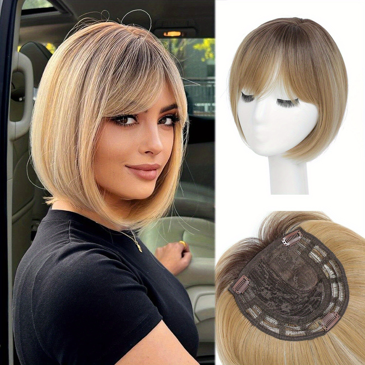 BF361 8-inch synthetic clip-in bob hair topper with bangs, Ombre Blonde. Supplier styling reference, mannequin view and underside with three clips. One topper per order.