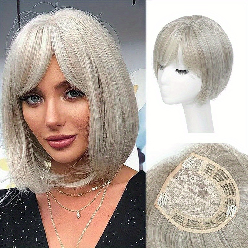 BF361 8-inch synthetic clip-in bob hair topper with bangs, Silver Gray. Supplier styling reference, mannequin view and underside with three clips. One topper per order.