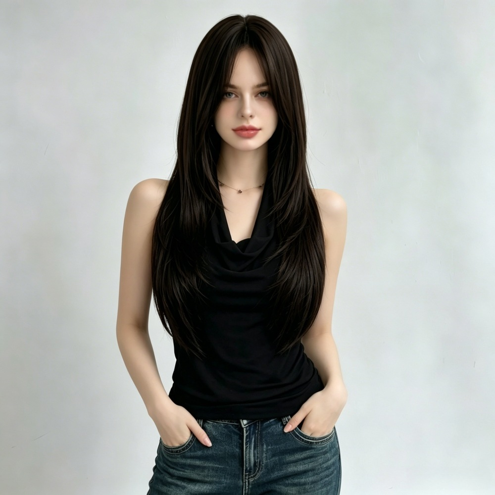 Supplier-provided front styling illustration of a long black layered wig with curtain bangs; not a verified actual wearer photo