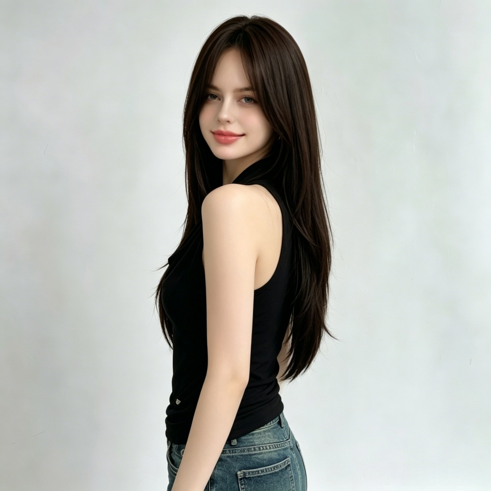 Supplier-provided side styling illustration of long black layered hair; not a verified actual wearer photo