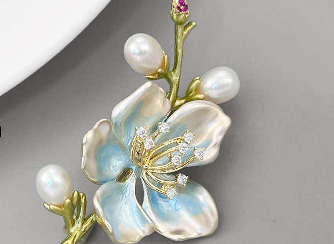 Freshwater Pearl Flower Brooch Pin – Enamel Floral Brooch in 5 Colors, Gold-Plated