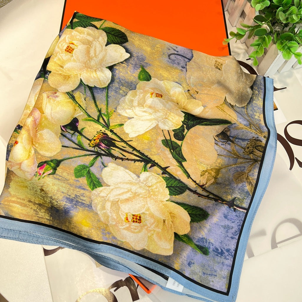 Nordic Oil-Painting Camellia Silk Square Scarf - 68 x 68 cm