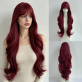 Burgundy long wavy synthetic wig with bangs: supplier styling illustration at left and front and back wig-stand product views at right